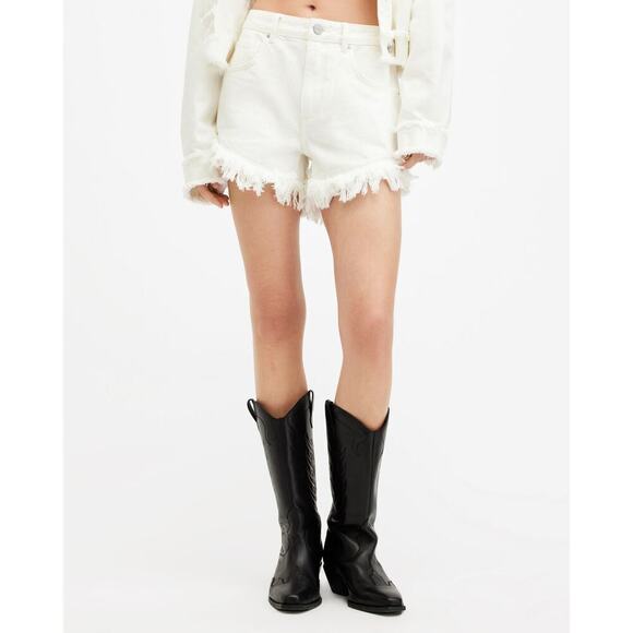 All Saints Astrid Fray Shorts High Waisted Distressed Cream White Size 30 NWT - Picture 1 of 12